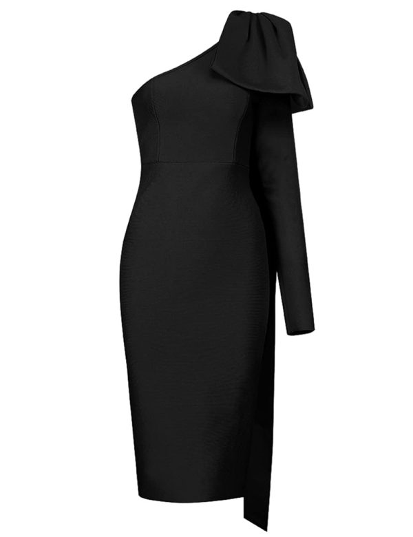 Women's One Shoulder Bowknot Long Sleeve Bodycon Knee Length Club Party Bandage Dress