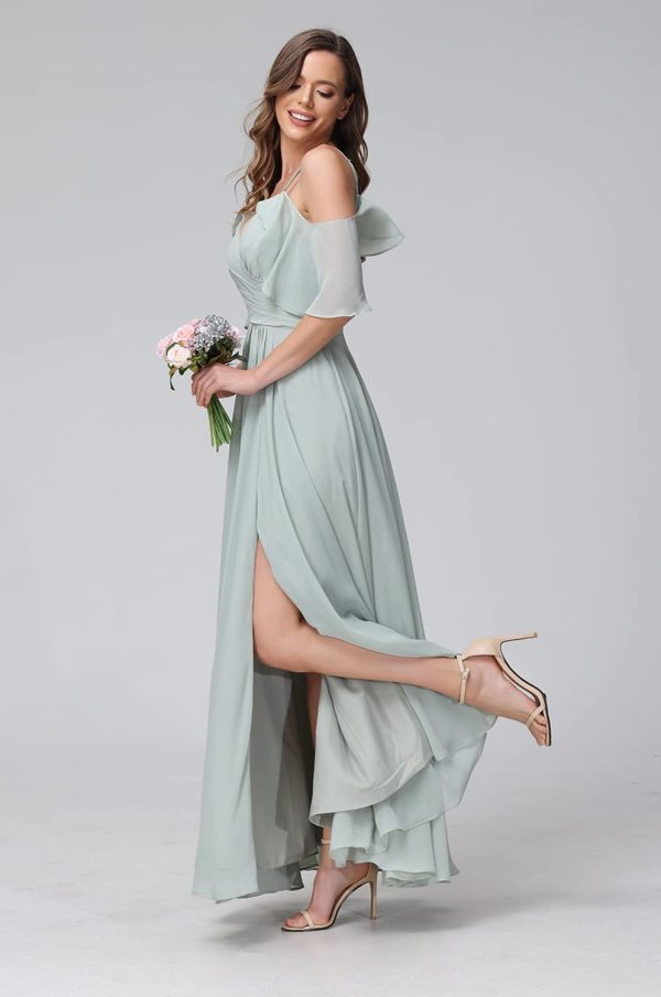 Women's Cold Shoulder Chiffon Bridesmaids Dresses 2025 with Slit Long Formal Party Dress for Junior CYM058