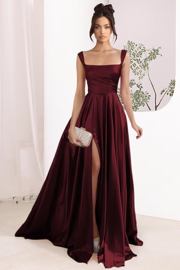 Women's Satin A Line Bridesmaid Dresses with Slit Long Square Neck Formal Cocktail Party Dress with Pockets CYM297