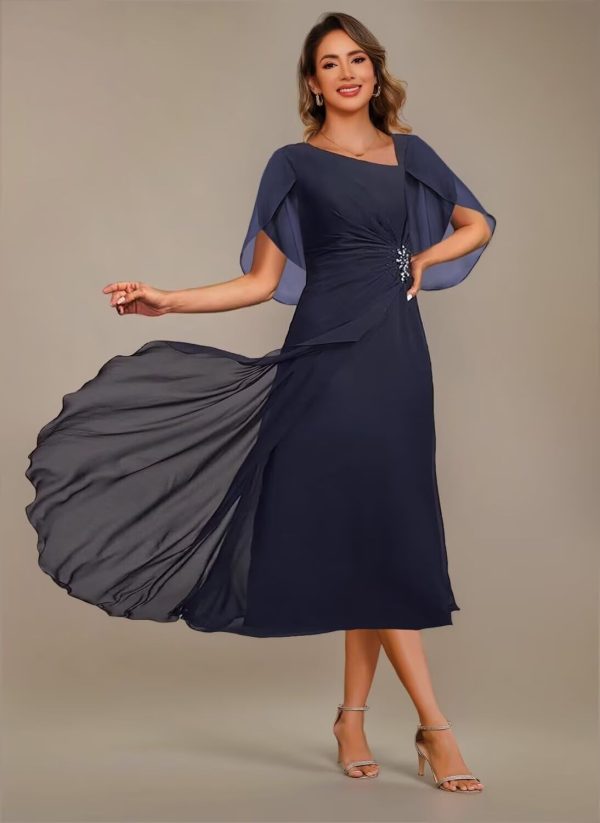 Asymmetrical Neck Mother of The Bride Dresses 2025 for Wedding Chiffon Short Flutter Sleeve Formal Evening Gown PU268