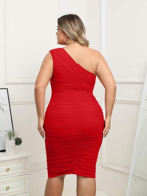 Womens Plus Size Dresses Sexy Bodycon One Shoulder Sleeveless Ruched Midi Party Dress