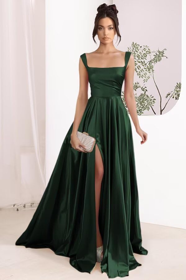 Women's Satin A Line Bridesmaid Dresses with Slit Long Square Neck Formal Cocktail Party Dress with Pockets CYM297
