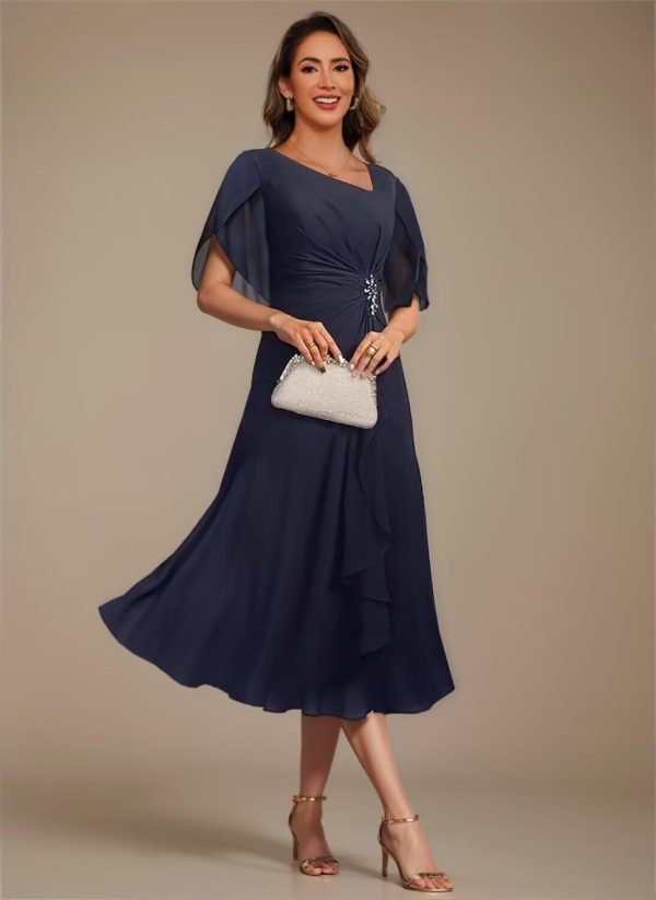 Asymmetrical Neck Mother of The Bride Dresses 2025 for Wedding Chiffon Short Flutter Sleeve Formal Evening Gown PU268