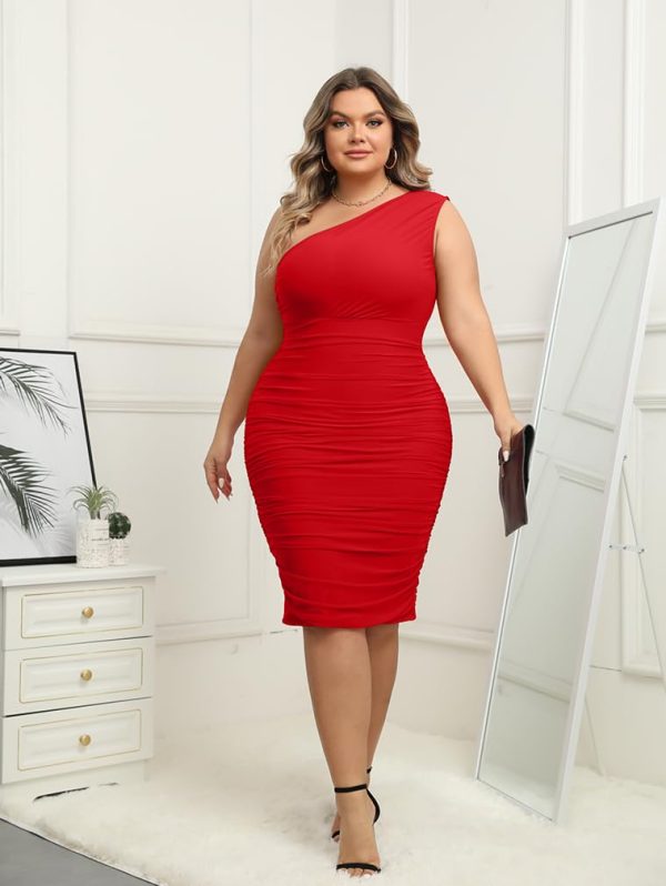 Womens Plus Size Dresses Sexy Bodycon One Shoulder Sleeveless Ruched Midi Party Dress