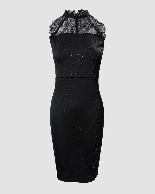 Womens Glitter Contrast Lace Bodycon Dress Sleeveless Slit Cocktail Evening Party Club Mini Dresses