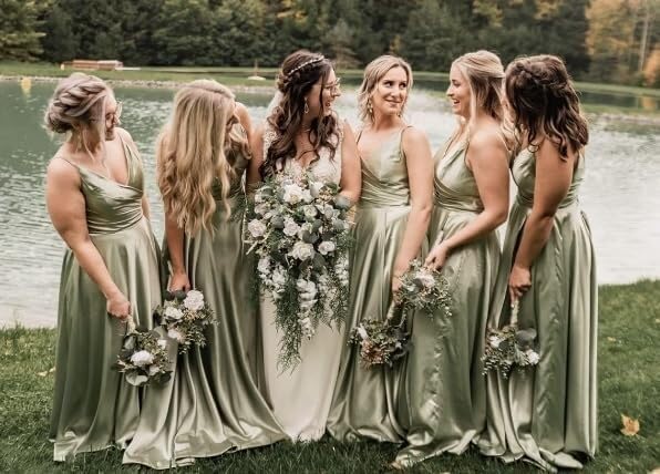 V Neck Satin Prom Dresses with Slit Long A line Formal Bridesmaid Dresses for Women BDL004