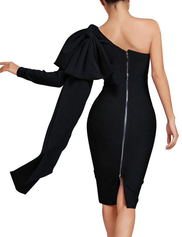 Women's One Shoulder Bowknot Long Sleeve Bodycon Knee Length Club Party Bandage Dress