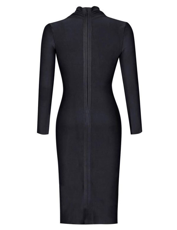 Women's Deep Plunge V Neck Long Sleeves Draped Knee Length Bodycon Bandage Dress
