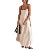 Women's 2025 Summer Linen Maxi Dress Contrast Spaghetti Strap Dress Backless Sleeveless Casual Party Beach Dresses