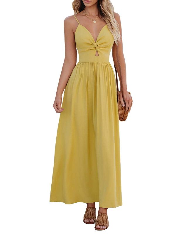 Women Casual Dress Beach Sleeveless V Neck Summer Cutout Spaghetti Straps Formal Maxi Sun Dresses