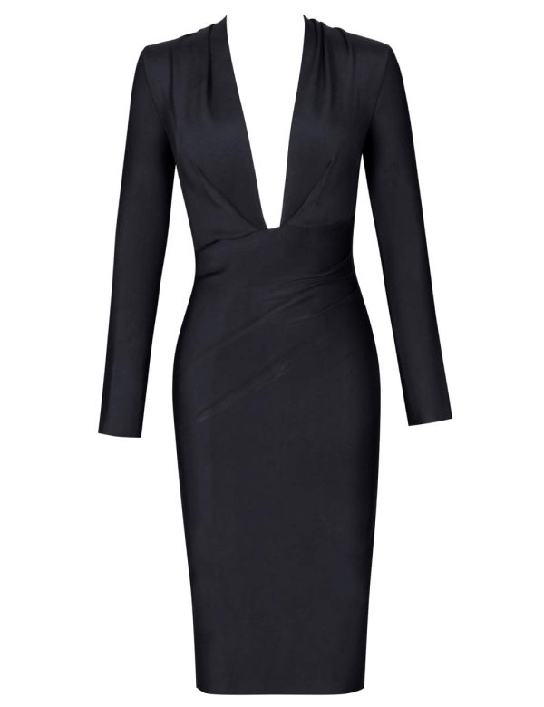 Women's Deep Plunge V Neck Long Sleeves Draped Knee Length Bodycon Bandage Dress