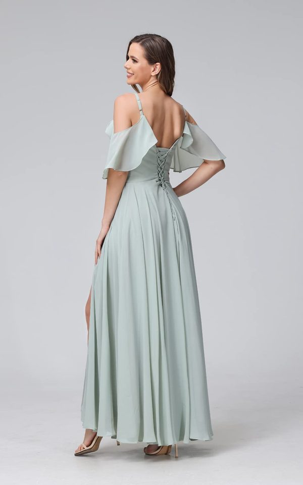 Women's Cold Shoulder Chiffon Bridesmaids Dresses 2025 with Slit Long Formal Party Dress for Junior CYM058