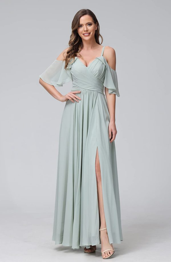 Women's Cold Shoulder Chiffon Bridesmaids Dresses 2025 with Slit Long Formal Party Dress for Junior CYM058