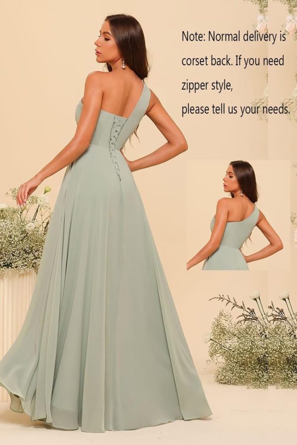 Chiffon One Shoulder Bridesmaid Dress with Pleated Bodice Long A Line Prom Dress for Women RS028