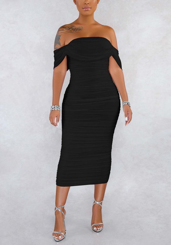 Women's Sexy Off Shoulder Sleeveless Bodycon Ruched Midi Elegant Cocktail Evening Party Night Tube Dresses