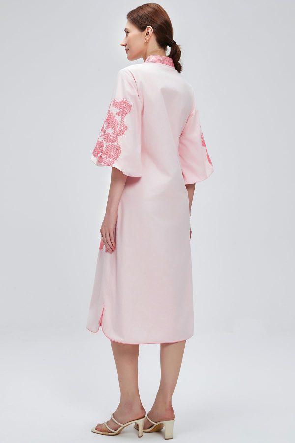 Women Casual V-Neck Mid Dress Floral Embroidery 3/4 Sleeves Spring Summer Tunic Dress Loose Zip Party Dress with Pocket