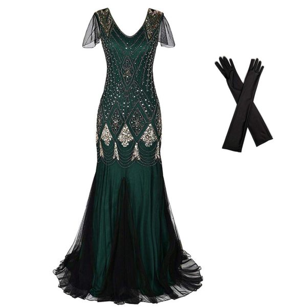 Women Evening Dress 1920s Flapper Cocktail Mermaid Plus Size Formal Gown with Long Gloves
