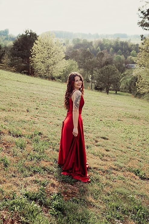 V Neck Satin Prom Dresses with Slit Long A line Formal Bridesmaid Dresses for Women BDL004
