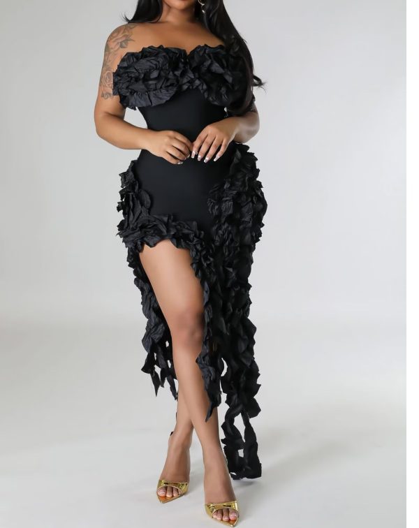 Women Sexy Strapless Ruffle Bodycon Dress Solid Color Fringe Slim Party Cocktail Bandage Dresses
