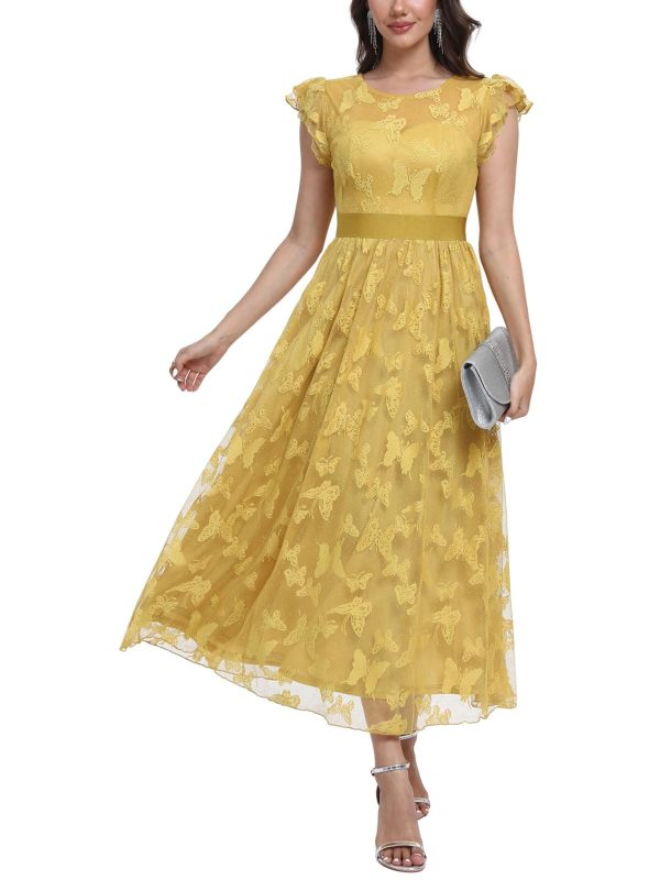 Women's Midi Formal Dress 2025 Flutter Short Sleeve Crewneck Lace Wedding Guest Party Dresses