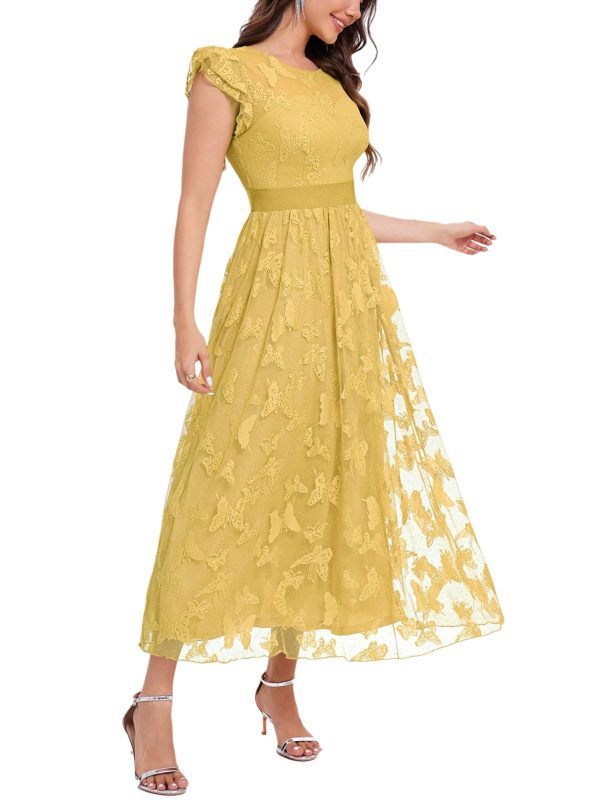 Women's Midi Formal Dress 2025 Flutter Short Sleeve Crewneck Lace Wedding Guest Party Dresses