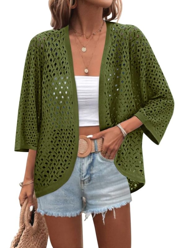 Womens Summer Crochet Cardigan Sweaters Lightweight Open Front 3/4 Sleeve Batwing Kimono Boho Knit Cover Ups 2025