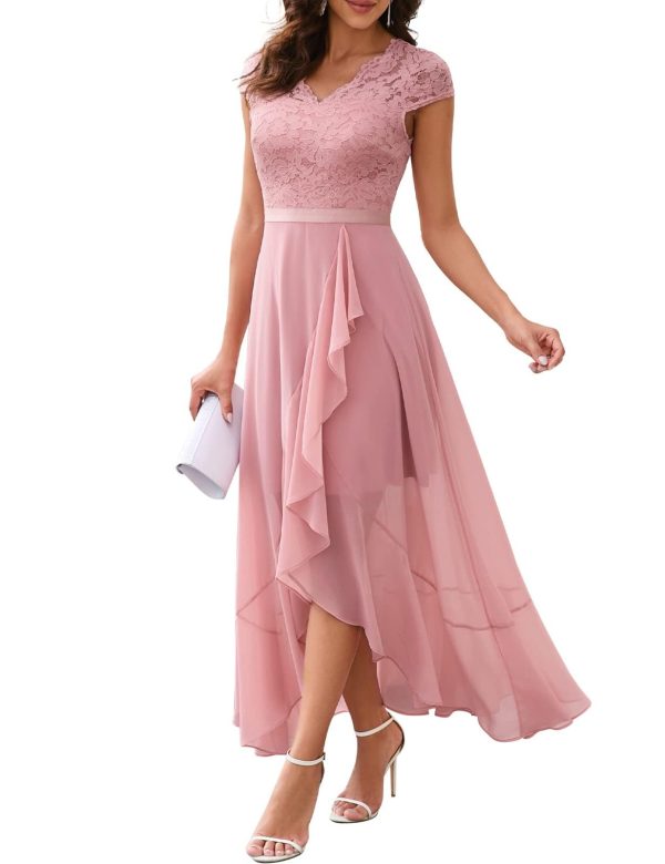 Women's V-Neck Dress for Women Wedding Guest Hi-Lo Floral Lace Prom Cocktail Party Formal Bridesmaid Dress