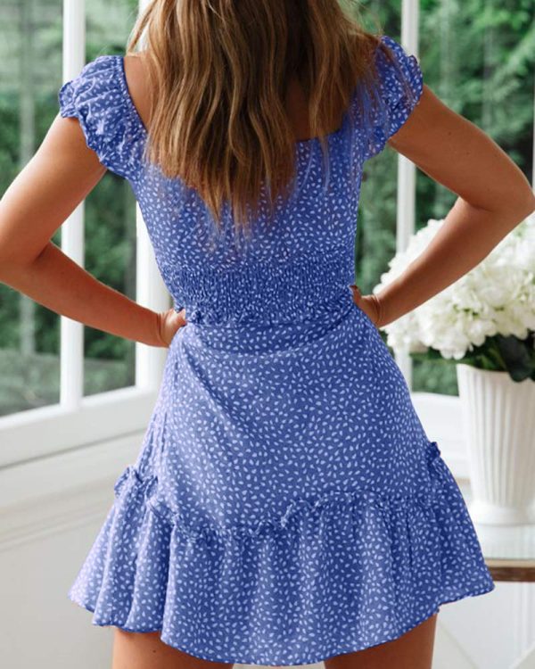 Womens Summer Ruffle Sleeve Sweetheart Neckline Printing Dress Mini Dresses