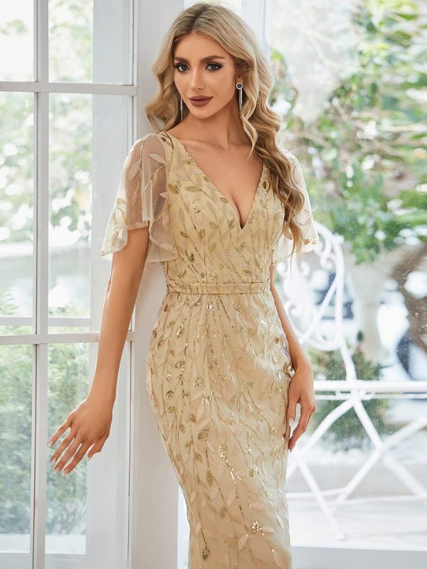 Women's Ruffles Sleeves Sequin Embroidery Evening Mother of The Bride Dress 00692
