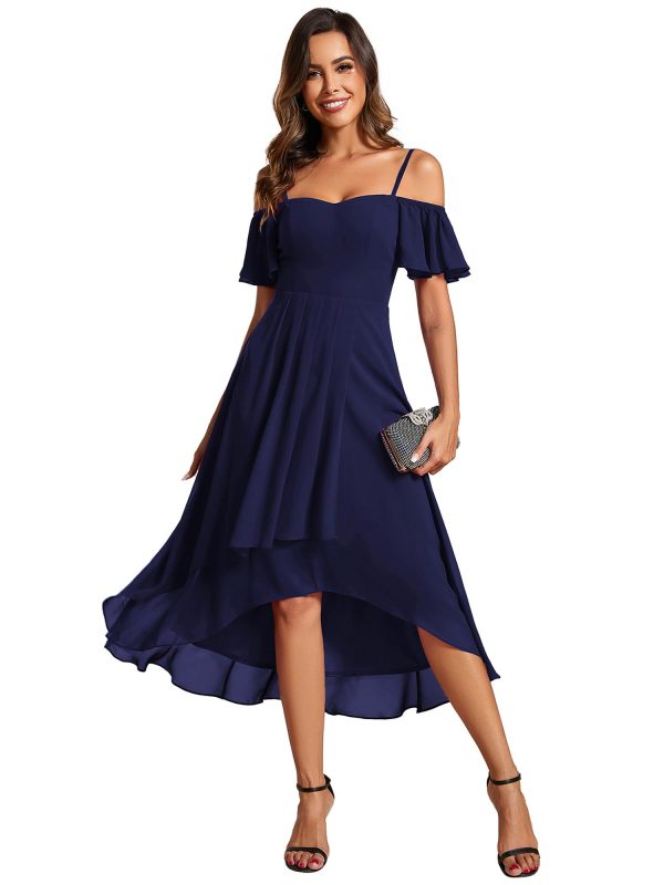 Women's Summer Cold Shoulder Hi-Lo Asymmetrical Hem Flowy Chiffon Short Wedding Guest Dress 02103