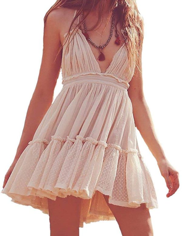Summer Deep V Neck Bohemian Women Mini Short Dress Backless Beach Boho Dress