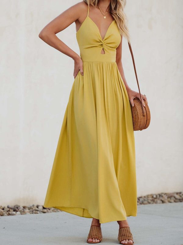Women Casual Dress Beach Sleeveless V Neck Summer Cutout Spaghetti Straps Formal Maxi Sun Dresses