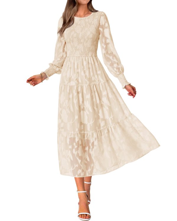 Casual Women's 2025 Spring Dresses Elegant Wedding Guest Dress Long Sleeve Floral Midi Dress Flowy Bohemian Long Dress