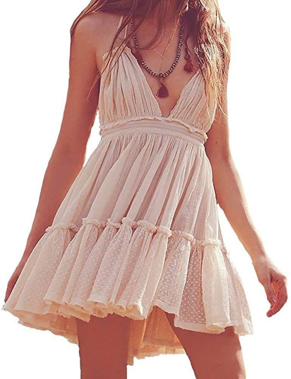 Summer Deep V Neck Bohemian Women Mini Short Dress Backless Beach Boho Dress