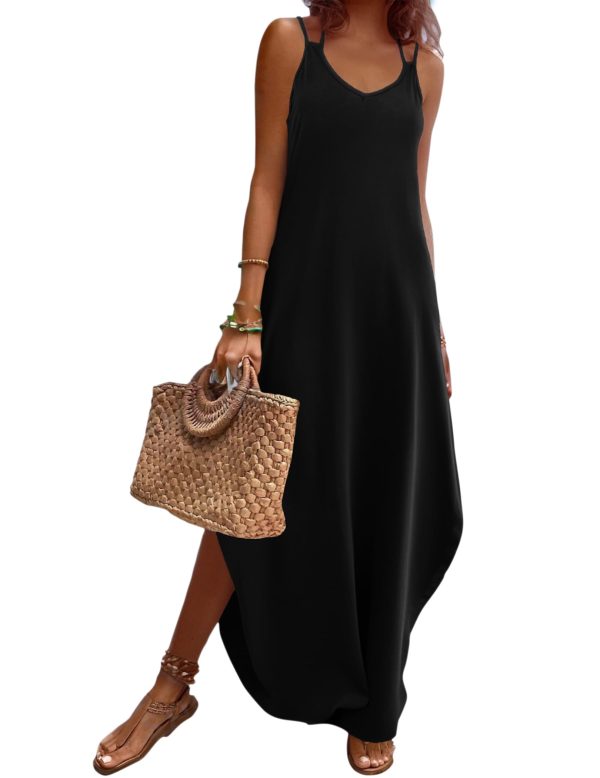 Women's Casual Sundress Summer Maxi Sleeveless V Neck Split Boho Beach Dress Travel Vacation Dress with Pockets