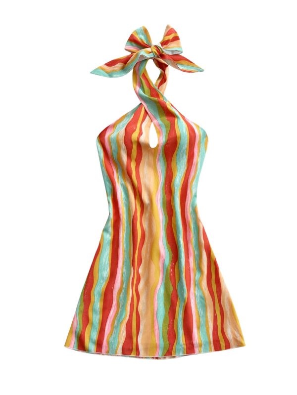 Women's Sleeveless Halter Backless Tie Back Floral Bodycon Mini Dress