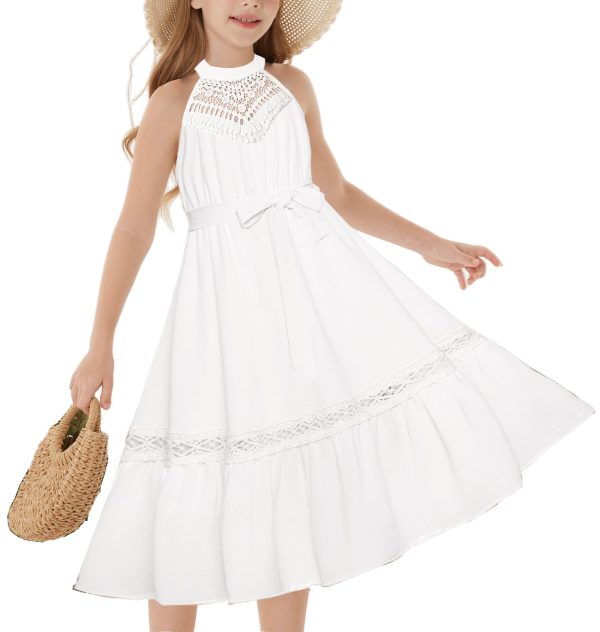 Girls Dresses Summer Spring Halter Maxi Dress Kids Ruffle Casual Flower Pleated Sun Dress Size 5-14