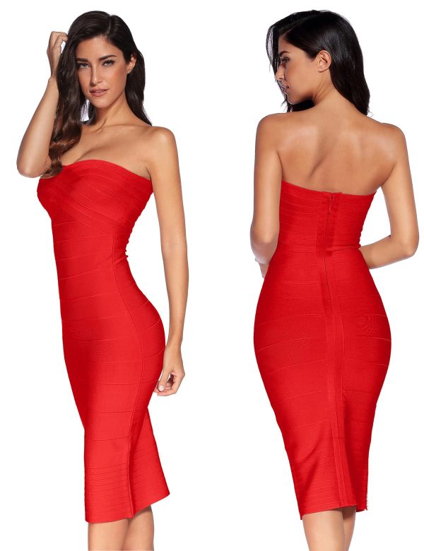 Women's Midi Cocktail Dresses Strapless Bandage Bodycon Dress Wedding Party Dress