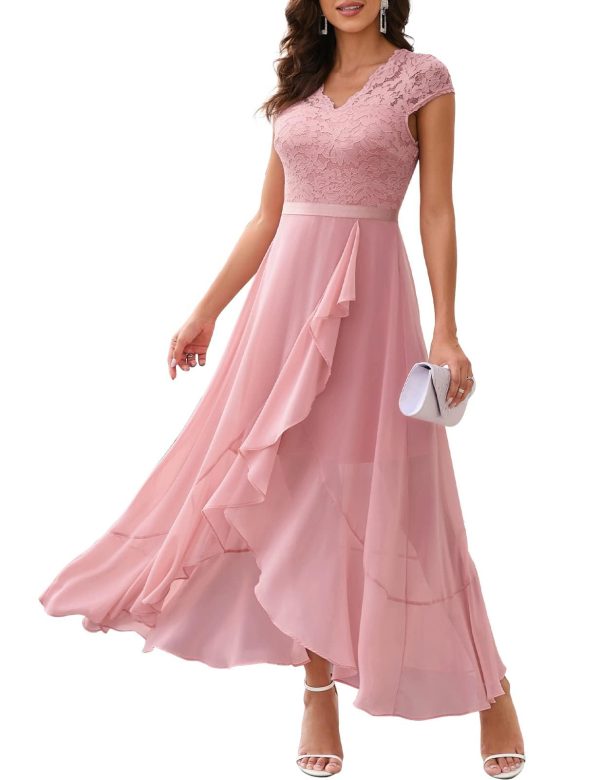 Women's V-Neck Dress for Women Wedding Guest Hi-Lo Floral Lace Prom Cocktail Party Formal Bridesmaid Dress