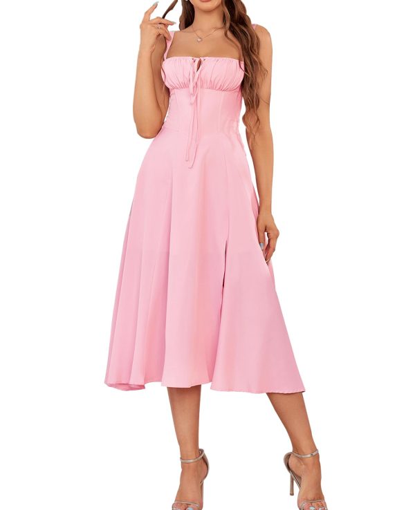 Floral Midi Corset Dress Boho Flowy Slit Lace Up Dresses for Women Going Out A Line Casual Sundress