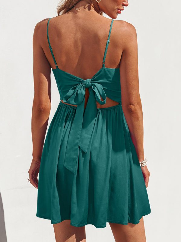 Women's Mini Dress Floral Twisted V Neck Sleeveless Short Dress Pleated Self Tie Back Mini Dress