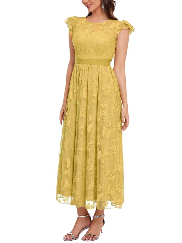 Women's Midi Formal Dress 2025 Flutter Short Sleeve Crewneck Lace Wedding Guest Party Dresses
