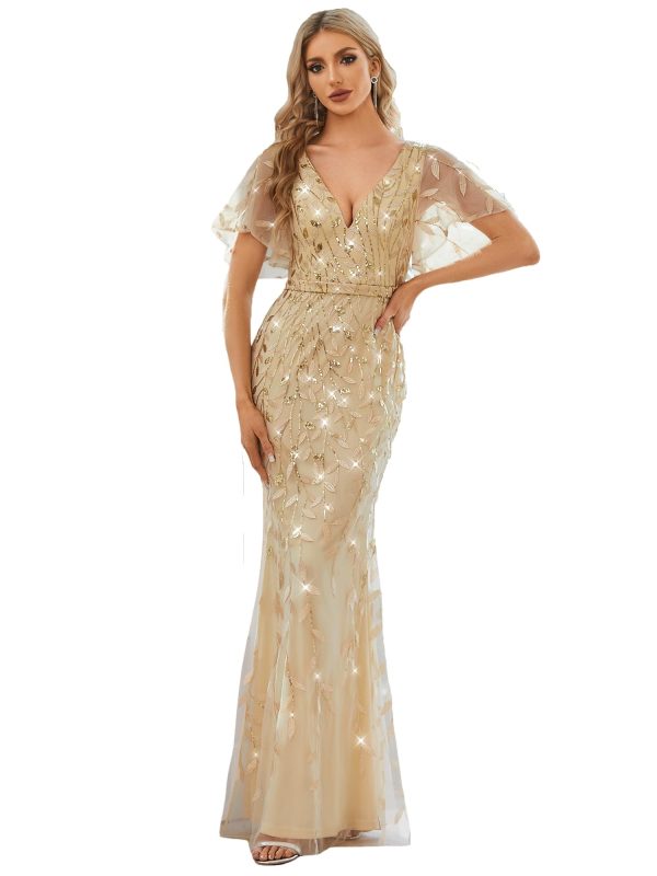 Women's Ruffles Sleeves Sequin Embroidery Evening Mother of The Bride Dress 00692