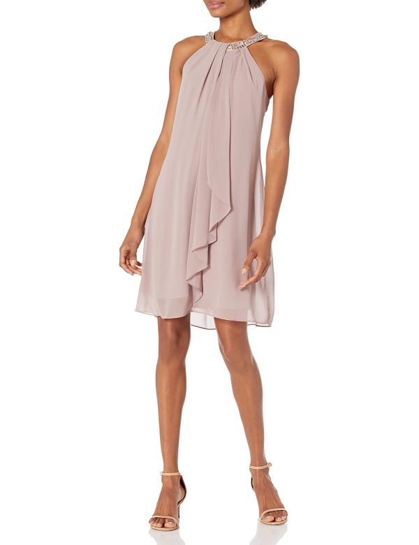 Women's Jewel Halter Neckline Cocktail, Wedding Guest, Perfect Party Dress (Petite and Regular Sizes)