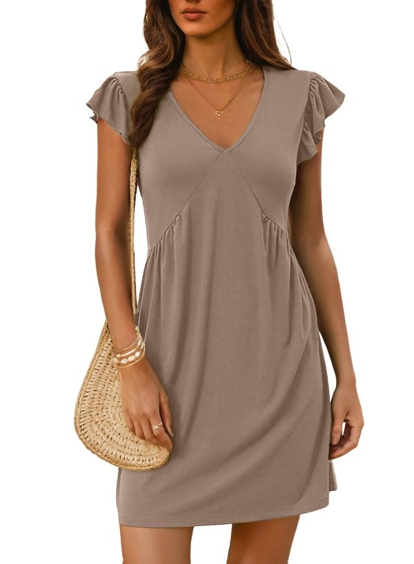Women's Summer Dresses Beach 2025 Casual Deep V Neck Loose Sundress Ruffle Sleeve Mini Dress