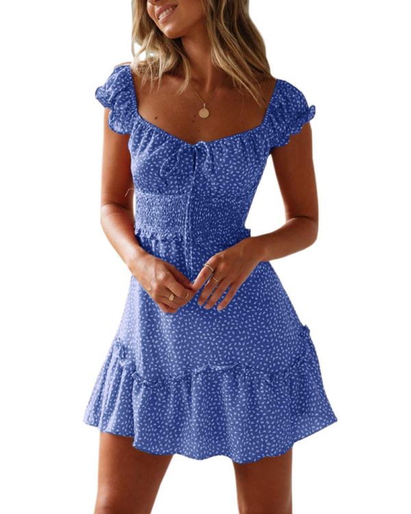 Womens Summer Ruffle Sleeve Sweetheart Neckline Printing Dress Mini Dresses