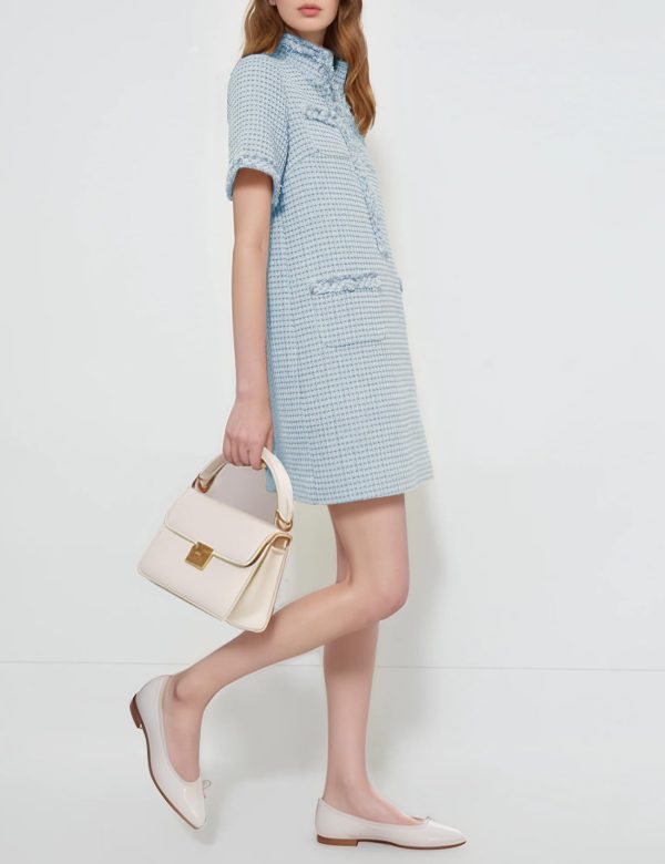 Women's Tweed Dress, Short Sleeve Straight Tube Mini Dress with Pockets for Business Party Work