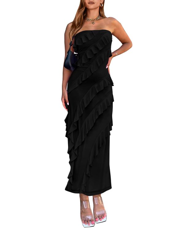 Women Summer Elegant Strapless Midi Ruched Bodycon Dress Solid Color Stretch Mesh Slim Party Cocktail Dresses