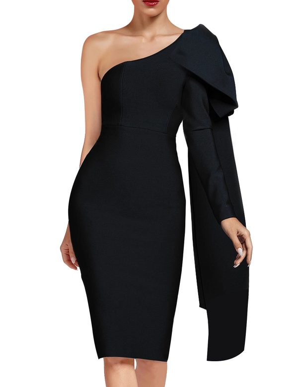 Women's One Shoulder Bowknot Long Sleeve Bodycon Knee Length Club Party Bandage Dress