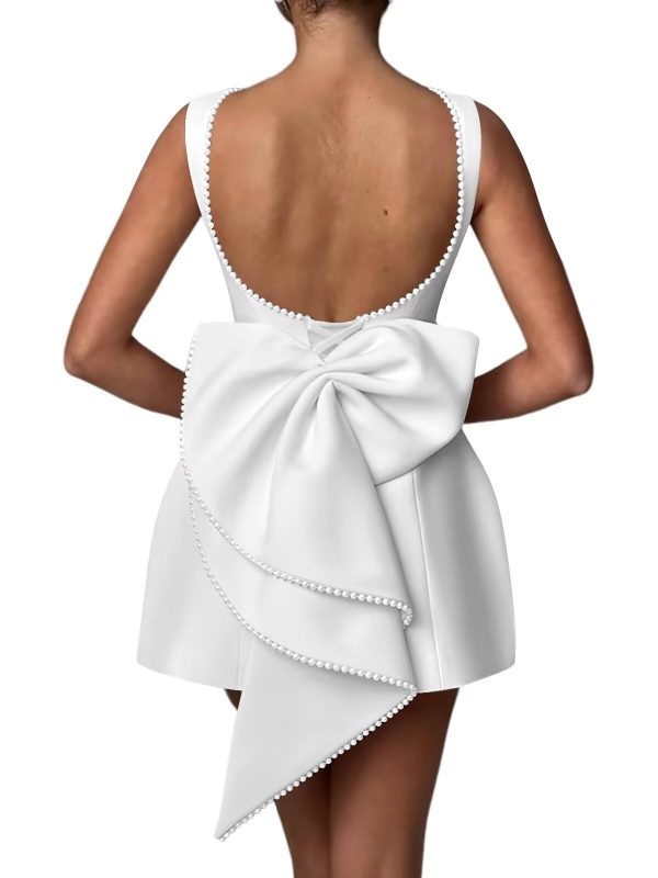 Mini Prom Dress Pearl Satin Evening Dress with Bow Backless Bodycon Formal Party Gowns AD045